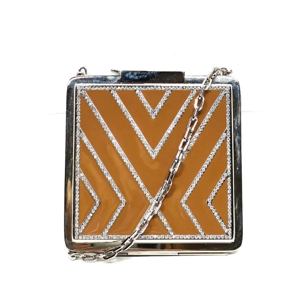 Auth Valentino Garavani Tan Enamel Rhinestone Geometric Clutch Minaudière Chain